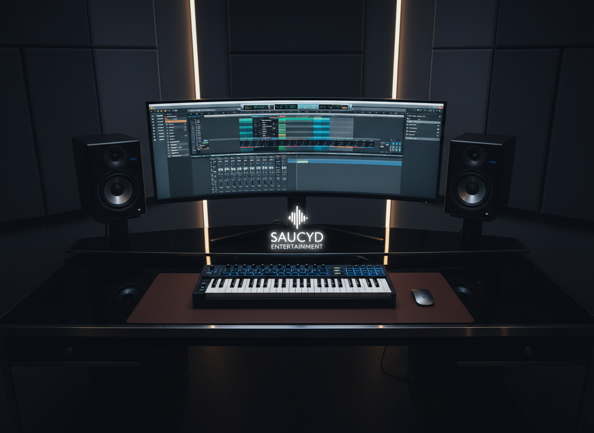 An opulent digital workstation scene featuring a polished black desk with a subtle metallic sheen, supporting a curved ultra-wide display filled with an intricate DAW session, surrounded by high-end studio speakers with brushed metal cones. A custom backlit MIDI keyboard and a minimalist trackpad rest on a flawless leather desk mat. The room’s walls are dark, with geometric acoustic treatments that catch faint reflections. A soft, cinematic blue-gold ambient light washes across the setup, highlighting edges and controls while leaving the background in tasteful shadow. Captured from a slightly elevated cinematic angle, the composition is clean and symmetrical, evoking precision, luxury, and the elite production services of Saucyd Entertainment.