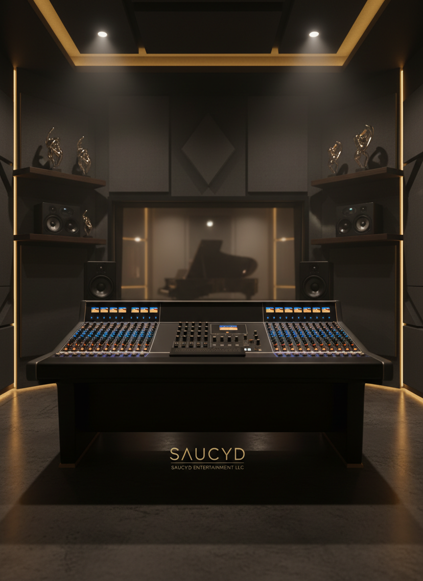 A luxurious, dimly lit recording studio centered around a sleek, matte-black mixing console with glowing LED meters and gold-trimmed knobs, branded subtly for a high-end producer. Deep charcoal acoustic panels line the walls, with floating shelves displaying premium studio monitors and a few carefully placed abstract sculptures. A large, tinted glass window reveals a softly blurred live room with a grand piano silhouette. Cinematic, directional lighting creates a warm golden halo along the console’s edges, casting long, elegant shadows. Shot at eye level with a shallow depth of field, the image feels ultra-modern, exclusive, and meticulously uncluttered, embodying the refined, sophisticated world of SAUCYD and Saucyd Entertainment LLC.
