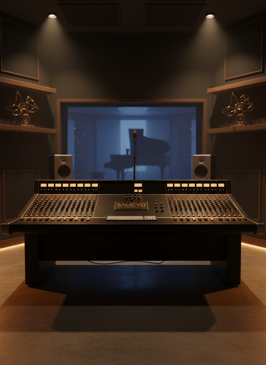 A luxurious, dimly lit recording studio centered around a sleek, matte-black mixing console with glowing LED meters and gold-trimmed knobs, branded subtly for a high-end producer. Deep charcoal acoustic panels line the walls, with floating shelves displaying premium studio monitors and a few carefully placed abstract sculptures. A large, tinted glass window reveals a softly blurred live room with a grand piano silhouette. Cinematic, directional lighting creates a warm golden halo along the console’s edges, casting long, elegant shadows. Shot at eye level with a shallow depth of field, the image feels ultra-modern, exclusive, and meticulously uncluttered, embodying the refined, sophisticated world of SAUCYD and Saucyd Entertainment LLC.