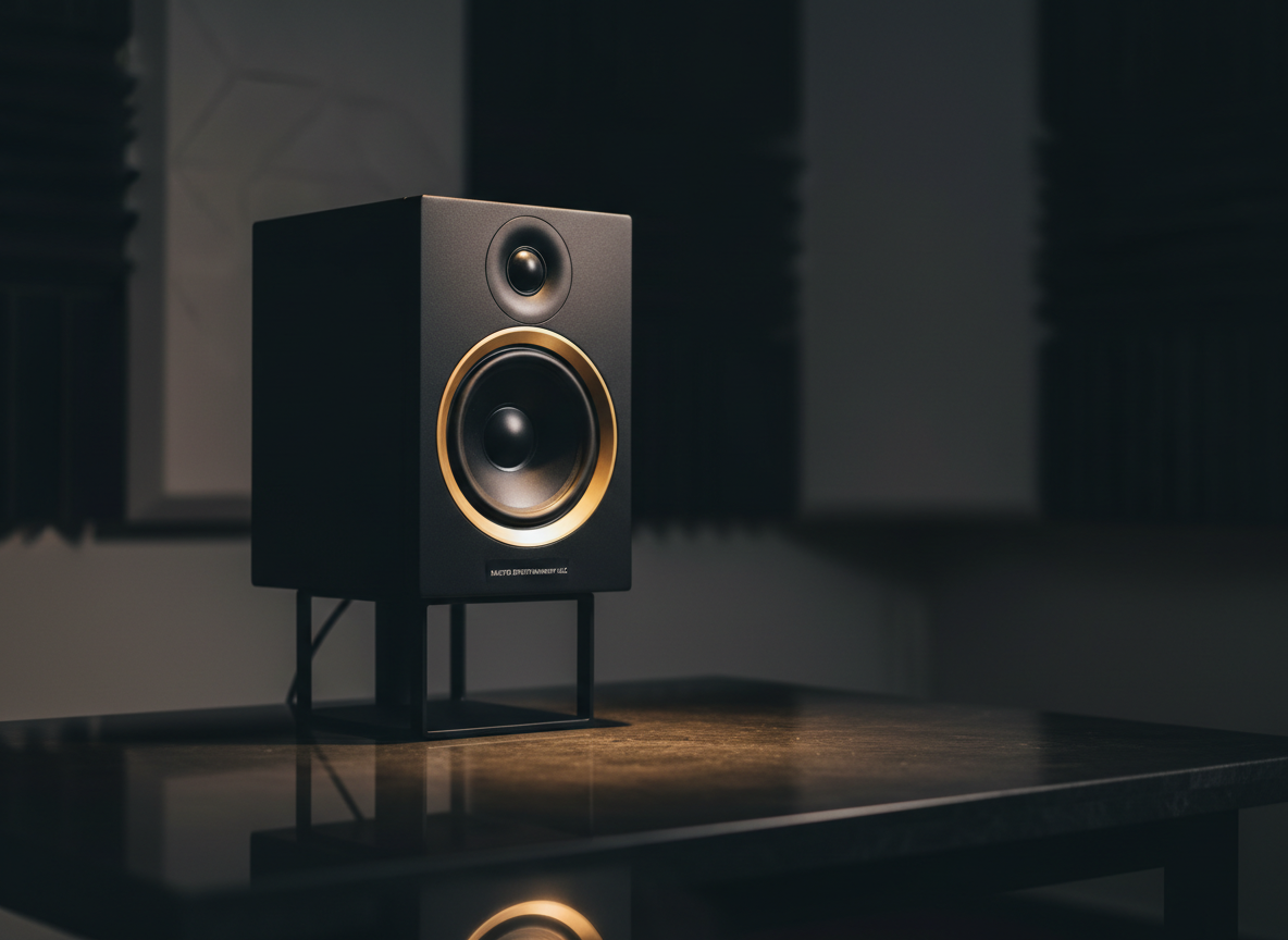 A minimalistic yet opulent close-up of a single studio monitor speaker crafted in matte black with a subtle pearlescent sheen, its cone edged in a delicate ring of brushed gold. The speaker sits on a slender isolation stand above a flawless, dark stone surface that reflects a muted, ghostlike mirror image. Behind it, a softly blurred wall features geometric acoustic panels, barely visible in the low light. A narrow, cinematic shaft of warm light illuminates just the speaker’s front and top edge, leaving everything else in rich shadow. Framed off-center with shallow depth of field, the image feels focused, authoritative, and emblematic of precision listening at Saucyd Entertainment LLC.