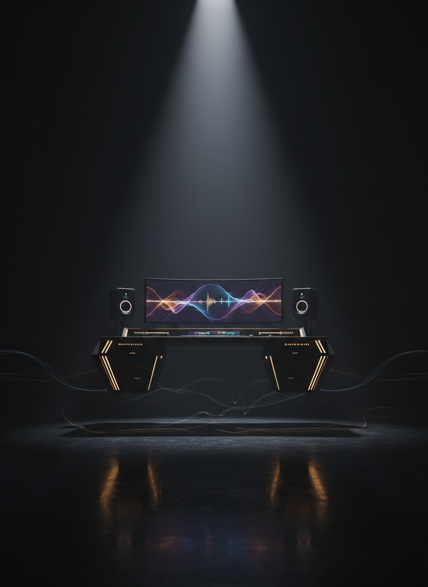 An elegant, cinematic hero image concept showing a dark, expansive studio space with a single spotlight illuminating a floating, gold-trimmed producer’s desk. On it, an ultra-wide display shows an abstract waveform interface, flanked symmetrically by black-and-gold studio monitors. The floor is glossy and reflective, fading into deep shadow at the edges, with faint light streaks suggesting movement and energy. A soft haze in the air catches the light, adding depth and a sense of mystique. Captured from a centered, slightly low-angle viewpoint, the composition feels iconic, almost throne-like, perfectly embodying the sophisticated, modern luxury aesthetic of SauceyOMusic.com’s brand identity.