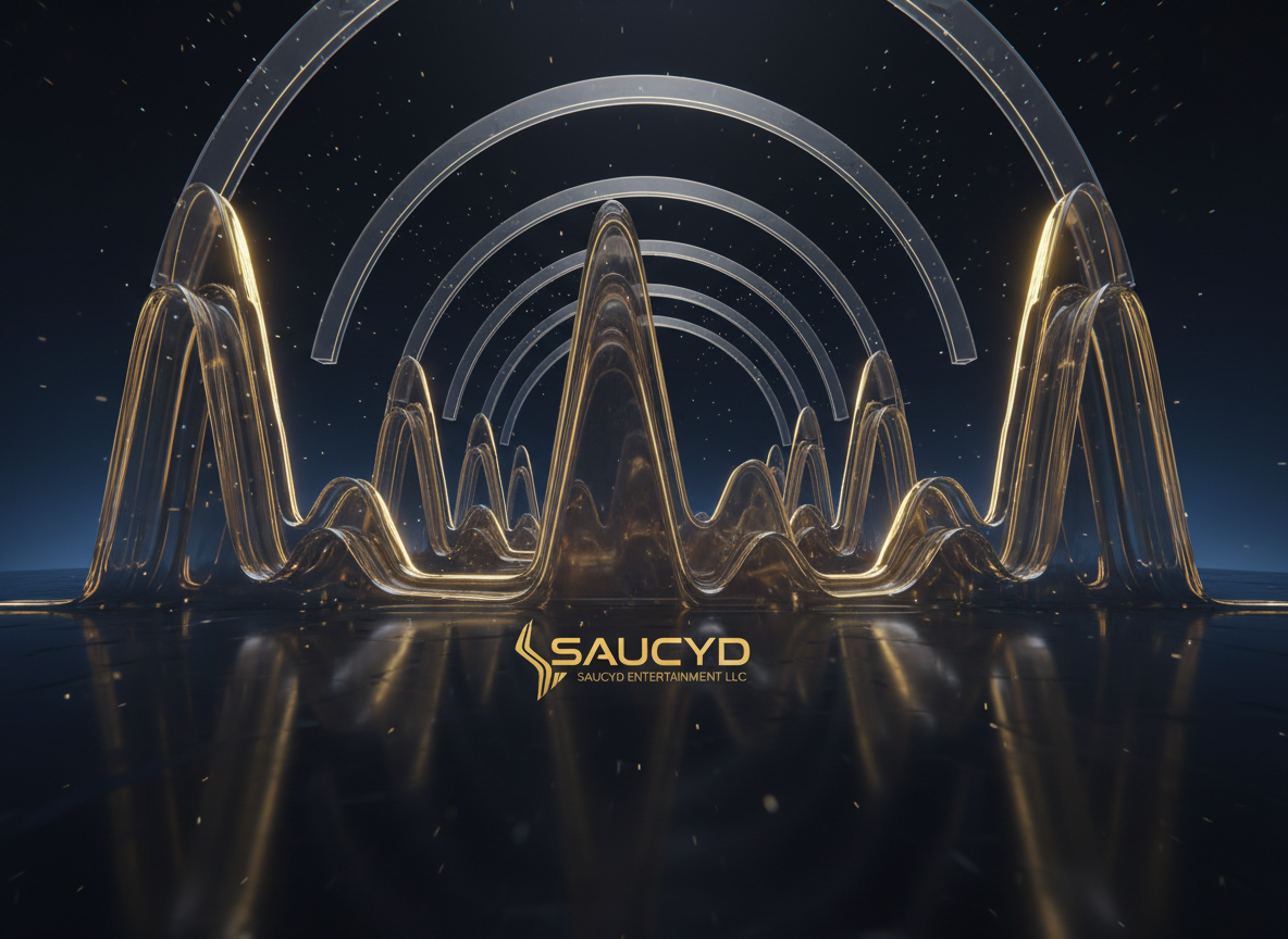 A stylized, cinematic representation of a “beat in progress” visualized as a luxury soundscape: gleaming 3D waveforms made of smoked glass and liquid gold rise from a dark obsidian surface, each bar catching rim light from an unseen source. Subtle, translucent frequency bands arc overhead like architectural elements in a futuristic hall. The background is a deep gradient from ink-black to midnight blue, with faint particle-like sparks suggesting creative energy. Shot with a wide-angle, slightly low perspective, the image feels expansive and immersive. The mood is innovative, sophisticated, and aspirational, symbolizing SAUCYD’s signature sound design and premium production aesthetic for Saucyd Entertainment LLC.