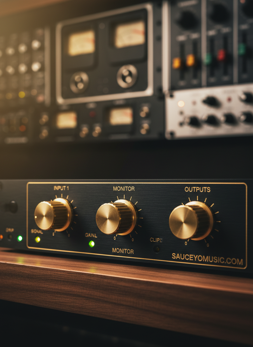 A close-up, cinematic macro view of a premium audio interface with black anodized aluminum housing, gold-etched labels, and precision-milled knobs, positioned on a dark walnut rack shelf. Tiny status LEDs glow subtly emerald and amber along its face. In the softly blurred background, the contours of analog compressors and EQ units create a layered wall of high-end gear. A single narrow beam of warm studio light skims across the metal surface, accentuating fine textures and casting refined, razor-thin shadows. Framed tightly using rule-of-thirds, with an ultra-shallow depth of field, the mood is intimate, technical, and sophisticated, visually representing the meticulous sound quality and engineering behind SauceyOMusic.com.
