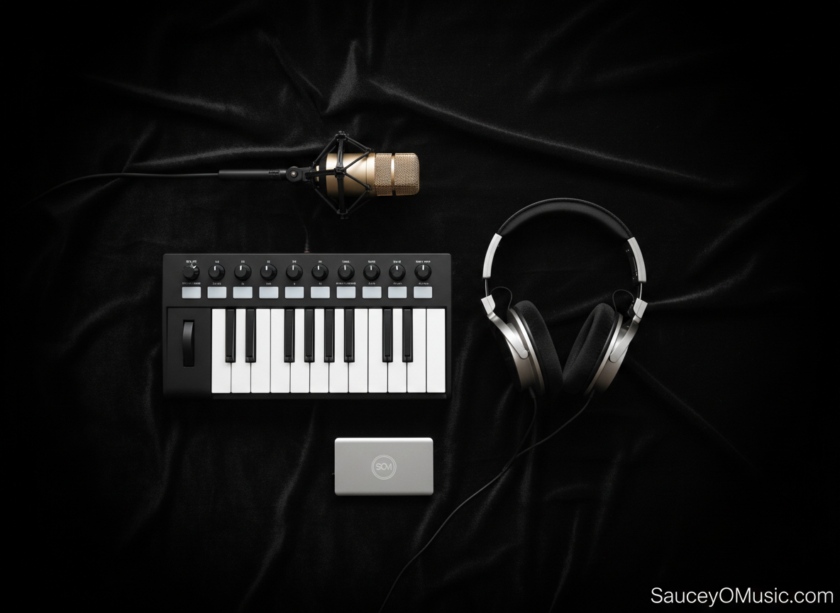 An artful, conceptual flat-lay composition featuring essential producer tools meticulously arranged on a deep black velvet backdrop: a compact matte-black MIDI controller, a pair of closed-back reference headphones with brushed aluminum arms, a slim external drive with a subtle engraved emblem, and a single vintage-style condenser microphone with a champagne finish. Ultra-soft, diffused top lighting creates velvety shadows and delicate highlights along metallic edges, emphasizing texture and precision. Negative space is used intentionally around the objects, with a cinematic vignette drawing the eye to the center. The overall mood is refined, focused, and quietly powerful, suggesting the curated, high-caliber services and portfolio offered by SauceyOMusic.com without any clutter or casual elements.