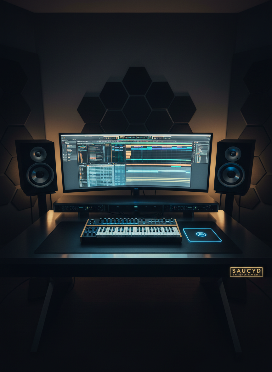 An opulent digital workstation scene featuring a polished black desk with a subtle metallic sheen, supporting a curved ultra-wide display filled with an intricate DAW session, surrounded by high-end studio speakers with brushed metal cones. A custom backlit MIDI keyboard and a minimalist trackpad rest on a flawless leather desk mat. The room’s walls are dark, with geometric acoustic treatments that catch faint reflections. A soft, cinematic blue-gold ambient light washes across the setup, highlighting edges and controls while leaving the background in tasteful shadow. Captured from a slightly elevated cinematic angle, the composition is clean and symmetrical, evoking precision, luxury, and the elite production services of Saucyd Entertainment.