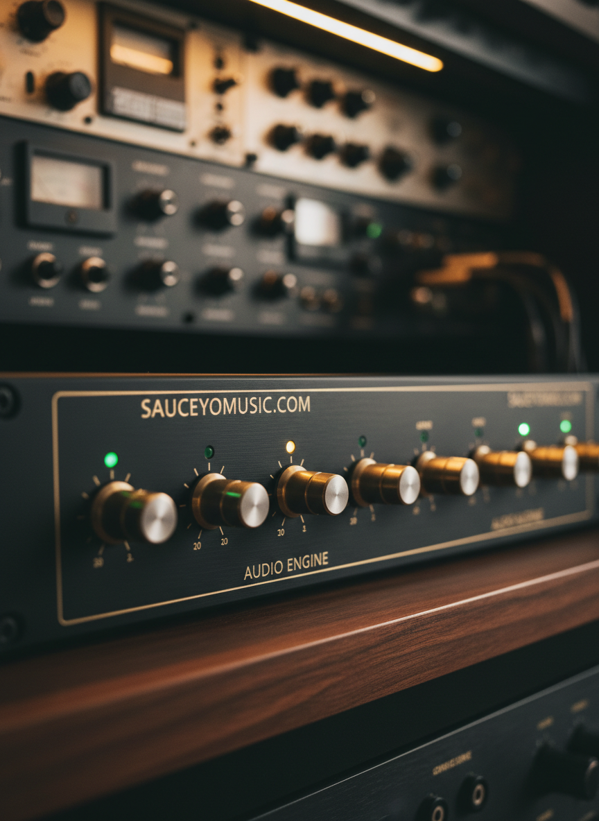 A close-up, cinematic macro view of a premium audio interface with black anodized aluminum housing, gold-etched labels, and precision-milled knobs, positioned on a dark walnut rack shelf. Tiny status LEDs glow subtly emerald and amber along its face. In the softly blurred background, the contours of analog compressors and EQ units create a layered wall of high-end gear. A single narrow beam of warm studio light skims across the metal surface, accentuating fine textures and casting refined, razor-thin shadows. Framed tightly using rule-of-thirds, with an ultra-shallow depth of field, the mood is intimate, technical, and sophisticated, visually representing the meticulous sound quality and engineering behind SauceyOMusic.com.