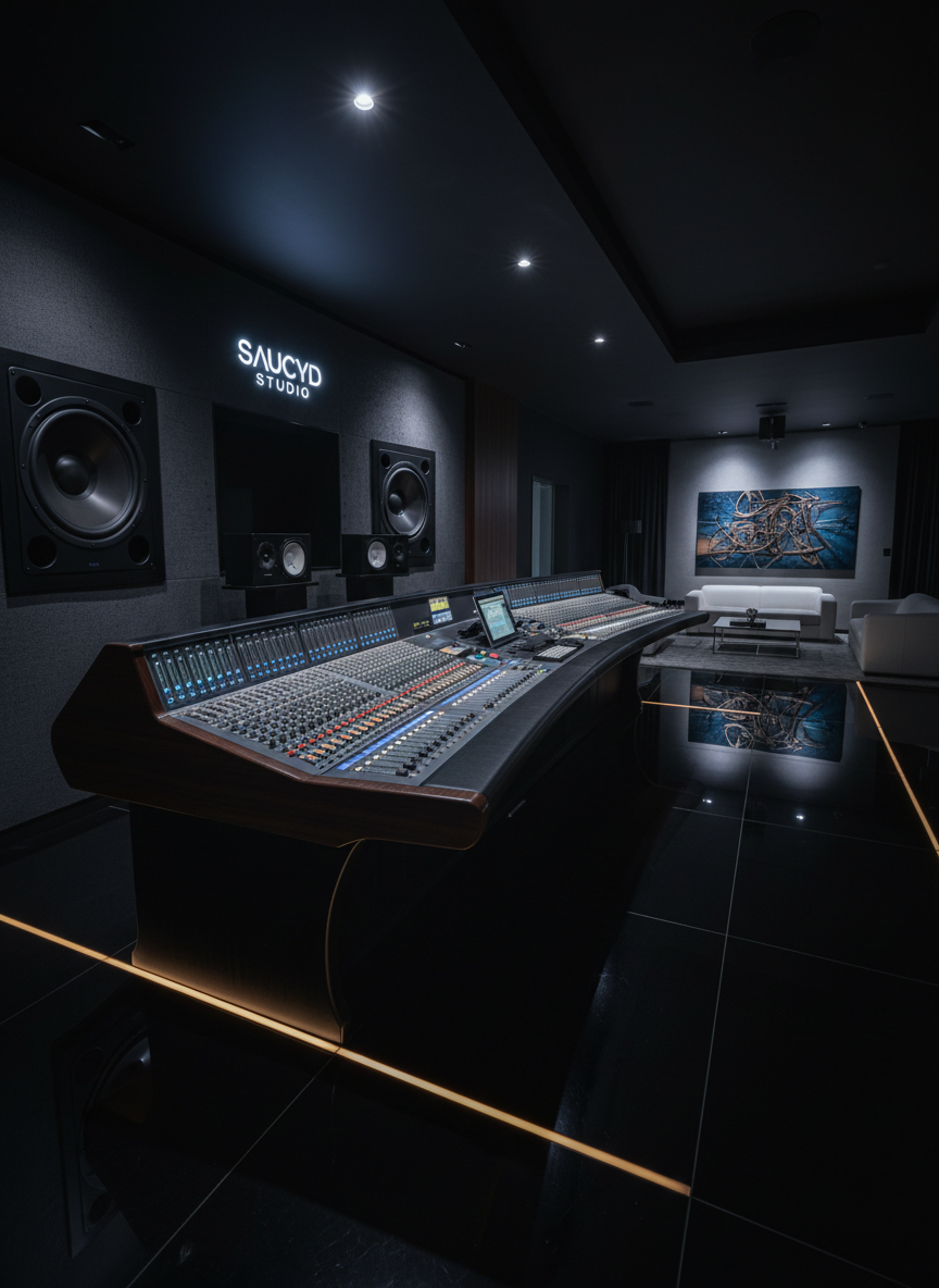 A dramatic, wide cinematic shot of a luxury control room at night, dominated by a vast mixing desk and dual large-format studio monitors set into a dark, textured wall. Floor-level LED strips trace the edges of a glossy, almost mirror-like floor, reflecting subtle blues and golds. In the rear, a minimalist lounge area with low, sculptural furniture and a single spotlight on an abstract art piece suggests a private, members-only atmosphere. Overhead, recessed lighting falls in carefully controlled pools, leaving negative space in elegant shadow. Captured from a low-angle perspective to emphasize scale and grandeur, the scene communicates exclusivity, high-end production capabilities, and the elite environment of SAUCYD’s studio.