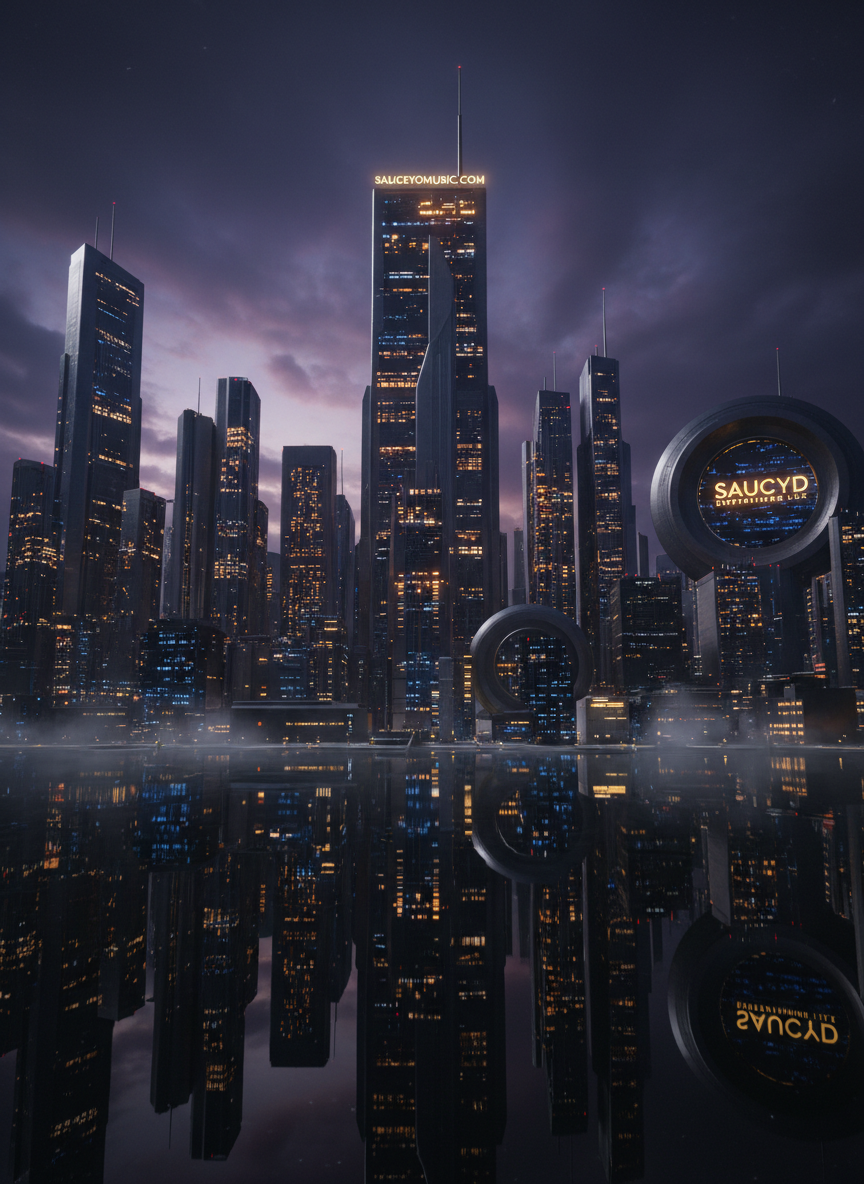 A cinematic, night-time skyline concept for SauceyOMusic.com where towering skyscrapers are subtly shaped like stylized audio faders and knobs, their windows glowing in rhythmic patterns reminiscent of a sequencer grid. The “city” rises from a reflective black surface, with a faint mist curling at street level to add depth. Overhead, a dark sky with a subtle gradient hints at low clouds lit from beneath by the city’s golden and sapphire lights. Shot from a low, wide-angle perspective, the scene feels grand, futuristic, and luxurious. The mood suggests an empire built on sound, symbolizing the scope and ambition of SAUCYD and Saucyd Entertainment LLC’s music production reach.