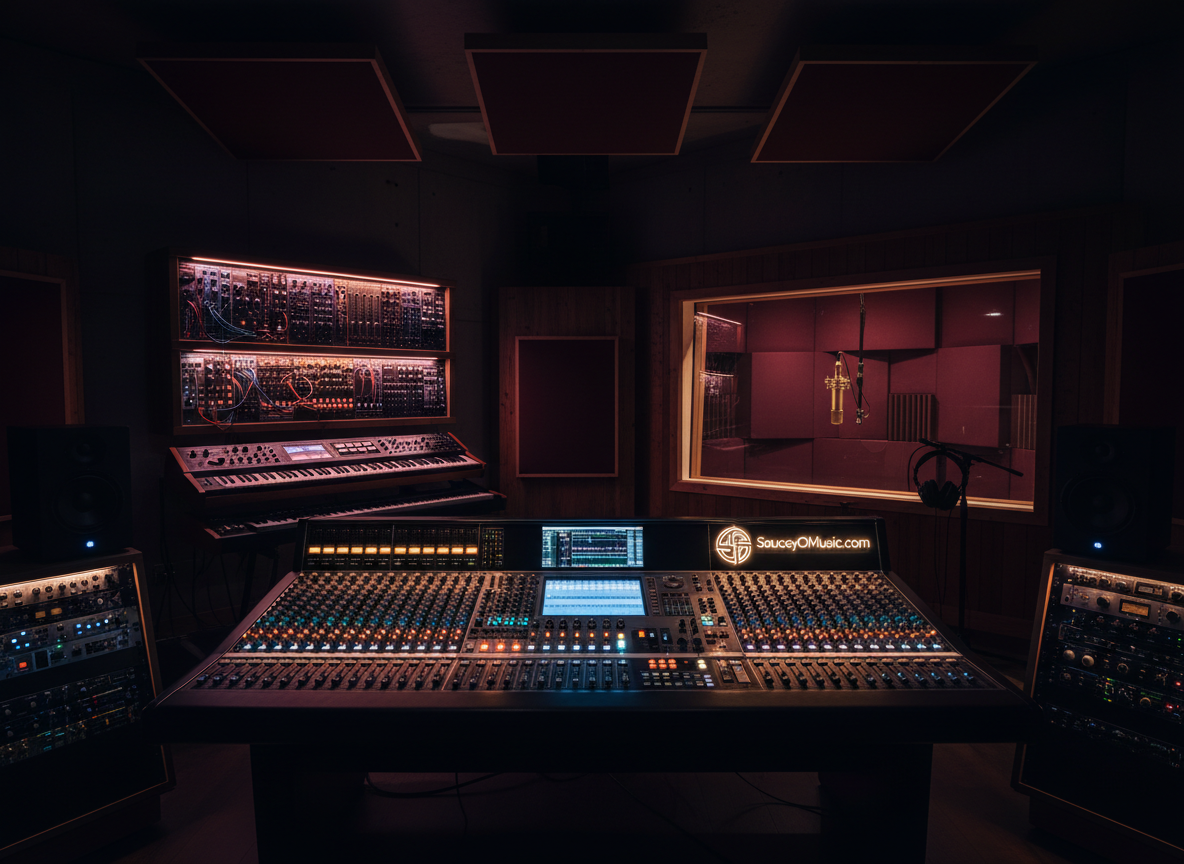 A refined “services overview” scene featuring three distinct zones of a single dark, modern studio space: in the foreground, a mixing console glowing with session lights; to the left, a synth wall with carefully lit analog and digital keyboards; to the right, an isolated vocal booth with a floating, gold-accented condenser microphone and deep burgundy acoustic panels. Cinematic key lighting selectively highlights each zone, leaving the rest in tasteful shadow, like separate spotlit stages. Captured in a wide, slightly elevated shot that keeps everything in sharp focus, the composition is structured yet fluid, visually communicating different production services—mixing, sound design, and recording—in one cohesive, luxurious environment aligned with SauceyOMusic.com.